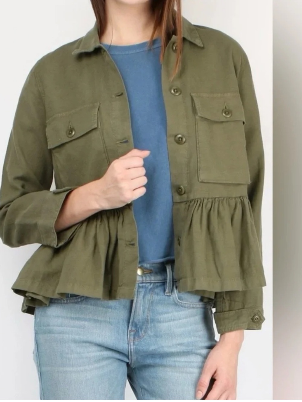 The GREAT. Peplum Utility Patch Pocket Jacket Green Womens Large